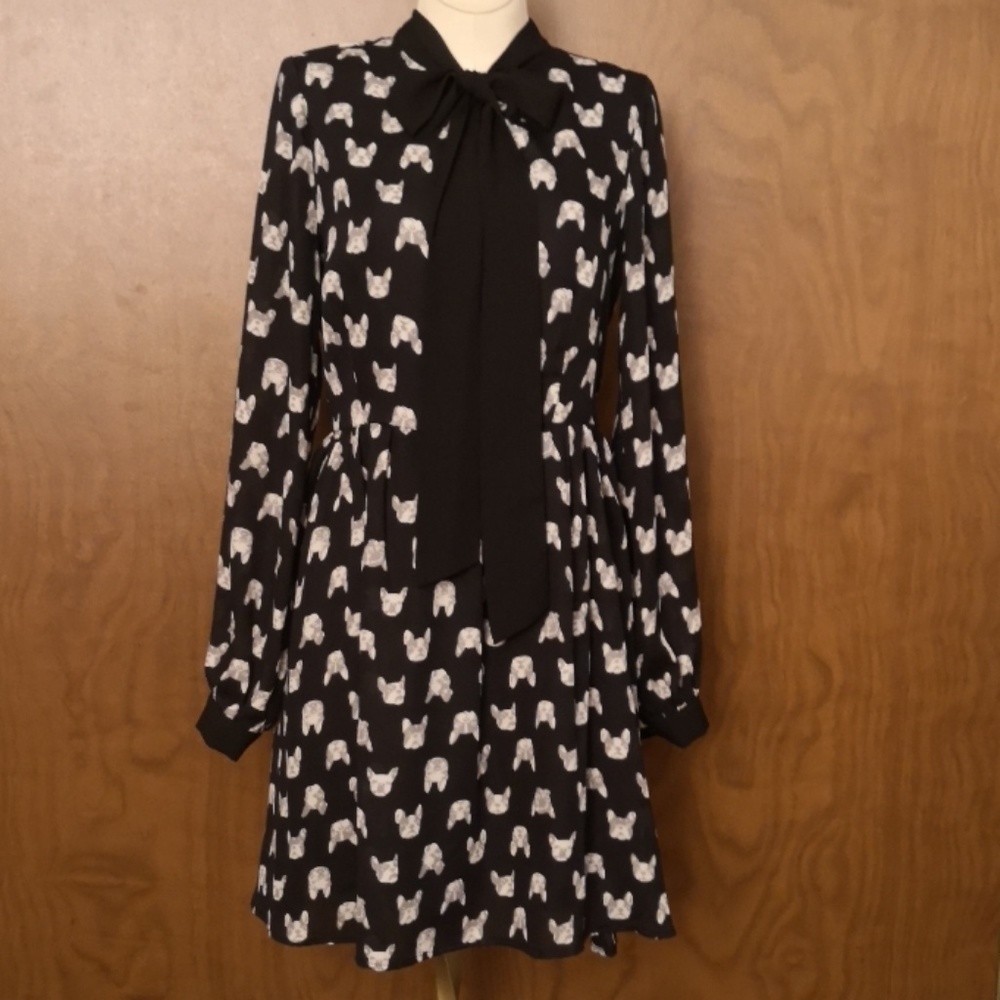 Cute French bulldog print dress black size S